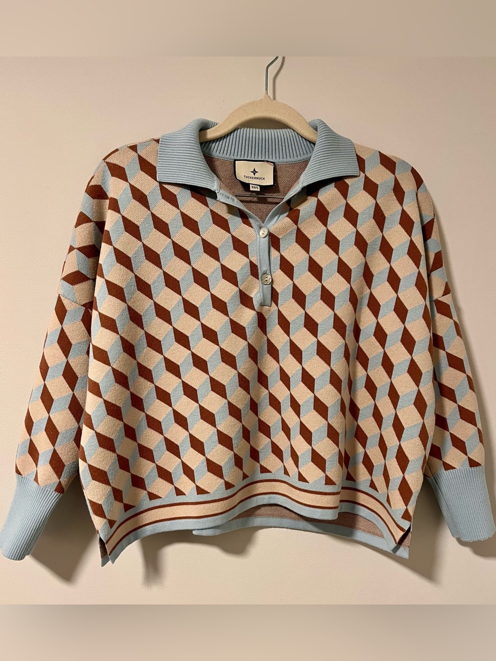 Tuckernuck Blue, Brown & Beige Geometric Polo Cropped Knit Sweater